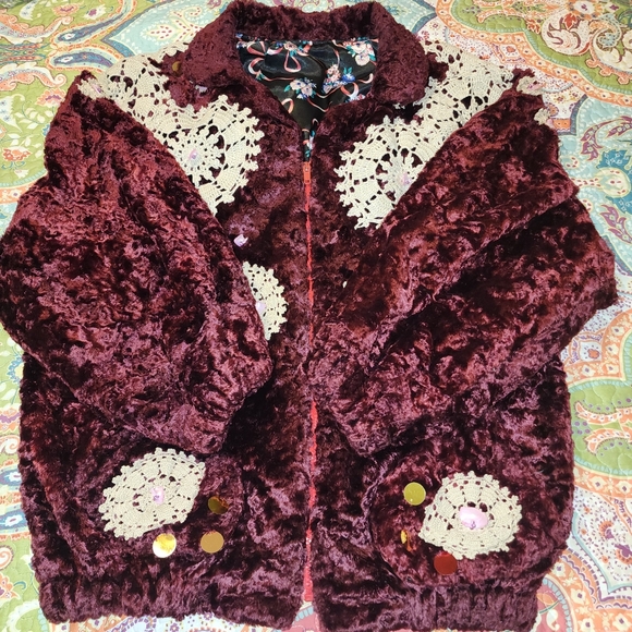 Unique Funky Crushed Velvet Dollie Decorated Zip-Up Bomber Style Jacket - Picture 13 of 13